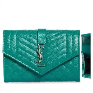 Saint Laurent Teal Quilted Leather Envelope Wallet with YSL Logo